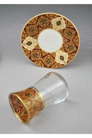 12 Parça 6 Kişilik Lüx Cam Çay Seti Gold Detaylı Altın Renk İşlemeli Lüks Çay Takımı Turuncu