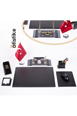 Varta Deri Sümen Takımı Türk Bayraklı Ahşap Masa Isimlik