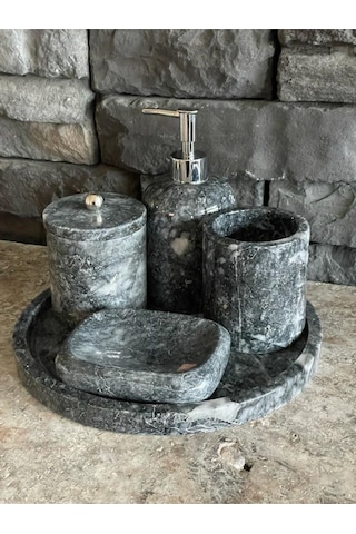 Uludağ Siyahı Mermer 5'li Banyo Seti Beyaz