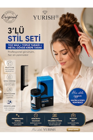 3'lü Stil Seti Toz Wax + Topuz Tarağı + Metal Gövde Krepe Tarak 0