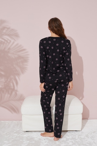 Siyah İnci Pamuklu Pijama Takımı 7763 Siyah Pembe Çiçek