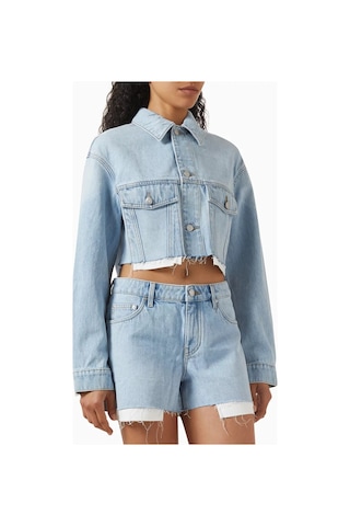 12storeez Cropped Denim Kadın Ceket, Ham Paça Ve 13.5oz Kumaşla Yazlık Şıklık Açık Mavi