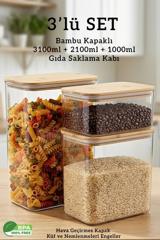 Bambu Kapaklı Dikdörtgen Hava Geçirmez Gıda Saklama Kabı Seti 3100 Ml + 2100 Ml + 1000 Ml Şeffaf