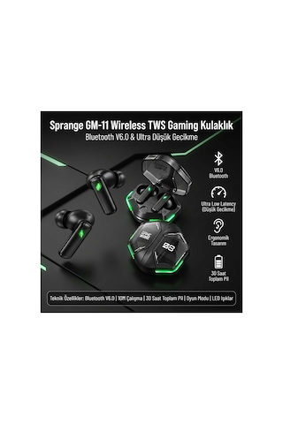 Sprange Gm-11 Bluetooth 6.0 Dijital Ekranlı Pro Oyuncu Tws Kablosuz Kulaklık Siyah