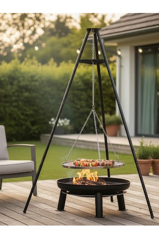 Ateş Çukurlu Mangal Tripod Izgara Ayarlanabilir Zincirli Mangal Seti Siyah