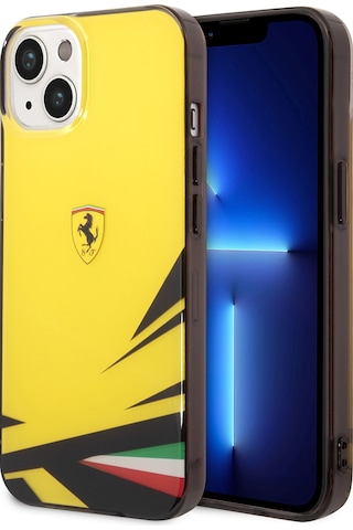 İphone Uyumlu 14 Kılıf Ferrari Lisanslı Baskı Logolu İtalyan Bayrak Baskılı Dizayn Kapak Sarı