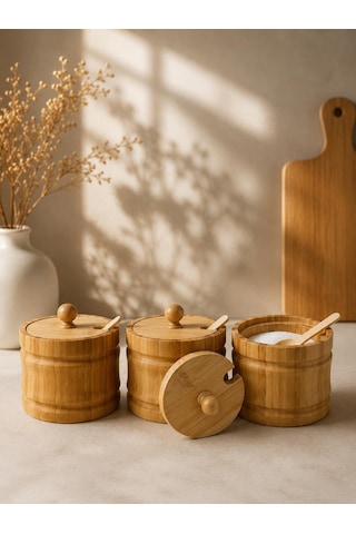 Bambu Baharatlık Seti 3'lü Kaşıklı Kapaklı Tuzluk Çay Şekerlik Kahve Ve Baharat Saklama Kabı 9x9 Cm