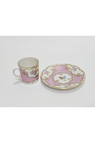 Çiçek Desenli Pembe Porselen Kahve Fincan Takımı Çok Renkli