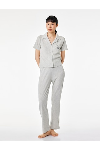 Koton Rahat Kalıp Gömlek Yaka Kedi İşleme Detaylı Kısa Kollu Fitilli Pijama Takımı Gri Melanj 6slk40089mk