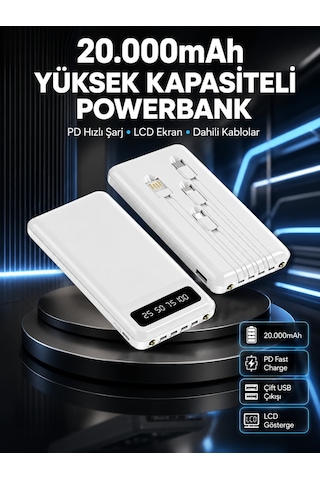 Akıllı Lcd Ekranlı 20.000mah Powerbank Pd + Usb + Type-c Yeni Nesil - Lisinya Beyaz