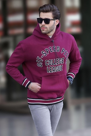 Madmext Bordo Kapüşonlu Cep Detaylı Baskılı Erkek Sweatshirt 7068 Bordo