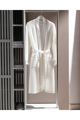 Madame Coco Pathier %100 Pamuk Kimono Unisex Bornoz - Beyaz/gri Born0000000036 L - XL Beyaz