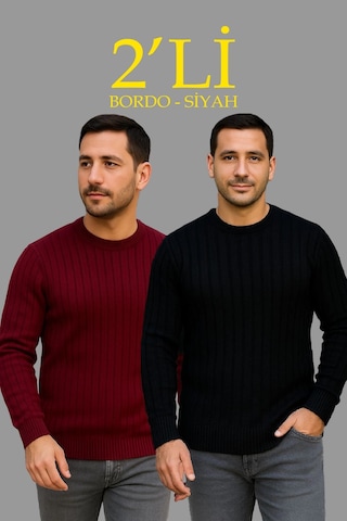 Barlashive Erkek Fitilli Triko Kazak 2 Li Set Siyah Bordo Kalın Dokuma Pamuklu Regular Fit Bisiklet Çok Renkli