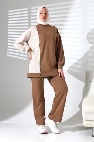 Kadın Mevsimlik Alt Üst Rahat Kahverengi Spor Ikili Tunik Pantolon Şık Tesettür Takım Kahverengi