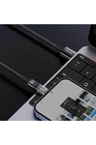 Şeffaf Uçlu İphone 45w Usb Hızlı Ve Dayanıklı Şarj Ve Data Işıklı Örgü Kablo 1 Metre