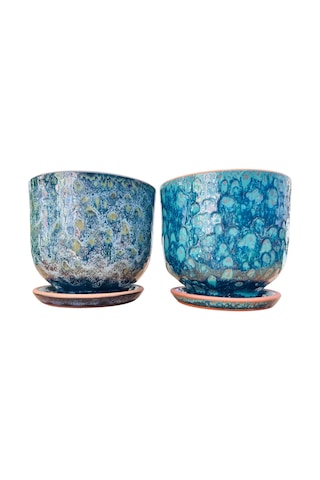 Bitki Tasarımı Lacivert Ve Mavi Şekilli İkili Çift Sırlı Tabaklı Toprak Seramik Saksı Solinax 3 KG
