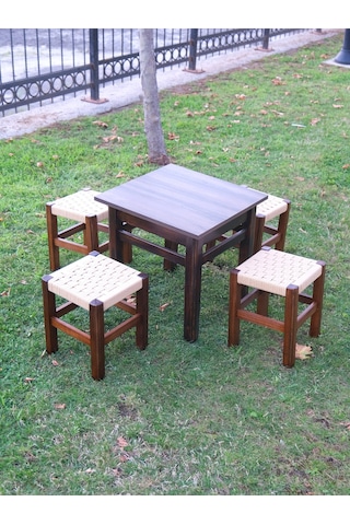 Kare Masa Ve 4 Adet Örme Hasır Tabure Takımı 35 Cm Ceviz