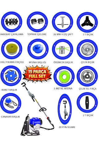 Vertoro-15x 15 Parça Full Set Sırt Tipi Çapalama+zeytin Silkeme Hasat Toplama Gtx Seri Tırpan Motoru