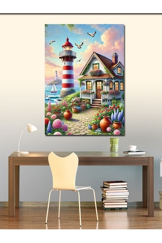 Kanvas Tablo Deniz Feneri Ve Bahar Bahçesi 70cmx100cm