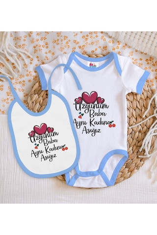 Bk Kids Aynı Kadına Aşığız Tasarımlı Mavi Bebek Body Zıbın Ve Mama Önlüğü Hediye Seti-1 Çok Renkli