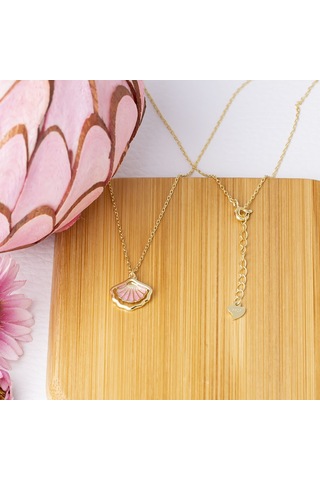 Deniz Kabuğu Model Pembe Mineli Gold Rengi 925 Ayar Gümüş Kadın Kolye Gold