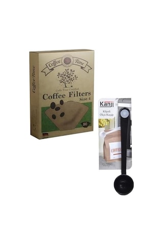 Time Filtre Kahve Kağıdı 1/4 4 Numara 80'li Paket + Kanji Klipsli Çay Kahve Ölçü Kaşığı - Siyah S