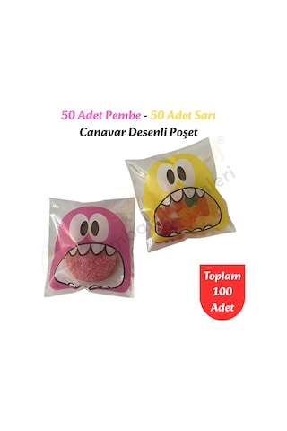 100 Adet Pembe-sarı Renkli Canavar Desenli Cake Pop & Kurabiye Poşeti-10x15 Cm