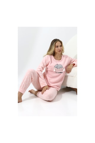 Wordex Fawn 5006 Peluş Welsoft Polar Kışlık Yumoş Kadın Pijama Takımı Uyuyan Kedili Pembe