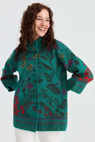 Desen Triko Kadın Dik Yaka Sarmaşık Çiçekli Yün Ceket 23017 A.ö. Başı Çok Renkli