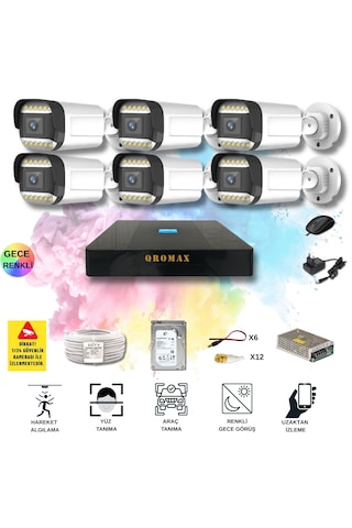 6 Kameralı Set - Yapay Zeka Özellikli Gece Renkli Gösteren 5mp Sony Lensli 12 Warm Ledli Fullhd Güvenlik Kamerası Seti 312w-9008