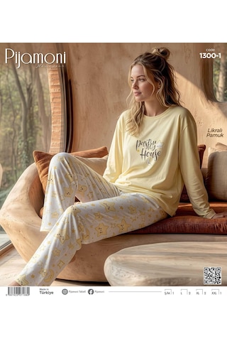 Pijamoni Kadın Likralı Pamuklu Bisiklet Yaka Uzun Kol İnce Pijama Takımı 1300/1 - 1 Adet Sarı