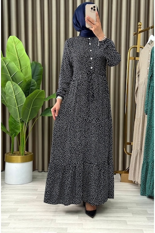 Ayşo Clothes Kadın Puantiyeli Siyah Renk Viskon Kumaş Ön Düğmeli Ayarlanabilir Kuşaklı Tesettür Elbise Siyah