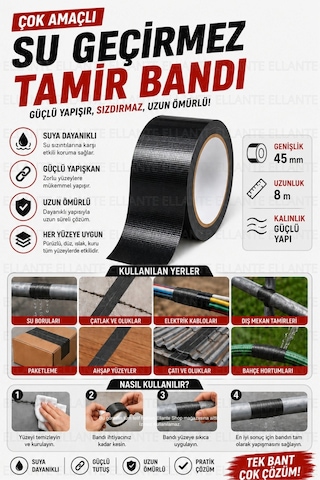 Çok Amaçlı Su Geçirmez Sızdırmaz Dayanıklı Izolasyon Siyah Tamir Bandı 45 Mm 8 Mt 1 Adet Güçlü