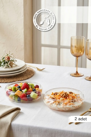 Selen Concept Simge Model Küçük Boy El Yapımı Cam Salata Kasesi 2'li Set Şeffaf