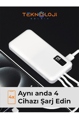 10.000 Mah Powerbank Elfenerli Dijital Led Gösterge Kendinden Kablolu Taşınabilir Şarj Aleti 4 Çıkış BEYAZ