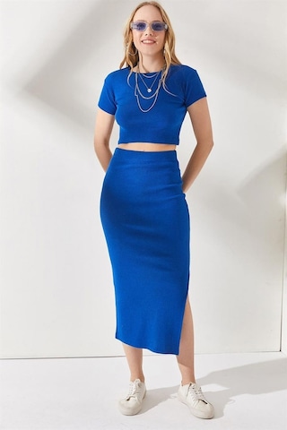 Kadın Saks Mavisi Yazlık Yırtmaçlı Esnek Etek Crop Takım