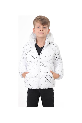 Erkek Çocuk Beyaz Çıkabilir Kapüşonlu Su Ve Rüzgar Geçirmez Cepli Kışlık Şişme Mont Beyaz