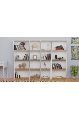 5 Raflı Kitaplık Seti 2 Dar 2 Geniş Raf Kütüphane Beyaz - A.çam