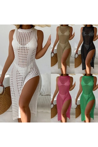 Oymalı Tığ Örme Plaj Elbisesi Şık Yan Yuvarlak Yaka Kolsuz Plaj Elbisesi Kırmızı