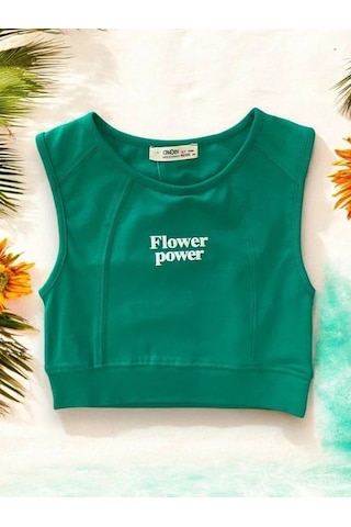 Kız Çocuk Flower Power Yazılı Crop-14406 Yeşil