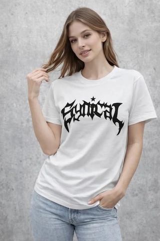 Vexor Bisiklet Yaka Ön Baskılı Kısa Kollu Tişört Streetwear Günlük Basic Pamuklu T-shirt - Beyaz