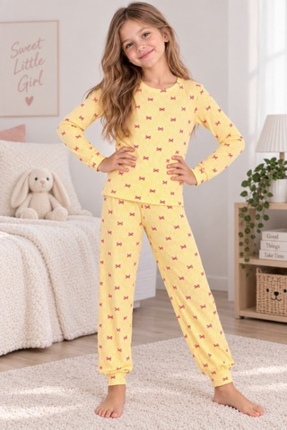 Free Beka Desenli Bisiklet Yaka %100 Pamuklu İnterlok Kumaş Kız Çocuk Uzun Kollu Pijama Takımı Sarı