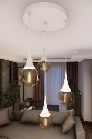 Liora Modern Beyaz Metal Avize - Bal Cam, 4'lü Sarkıt, E27 Duy,