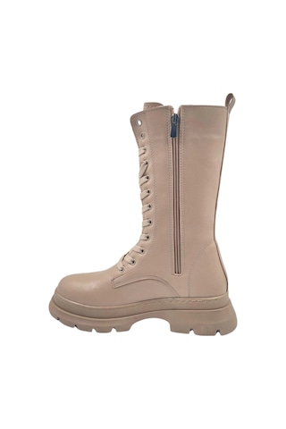 Melen Shoes Panache Suni Bej Kadın Bağcıklı Ve Fermuarlı Çizme Bej