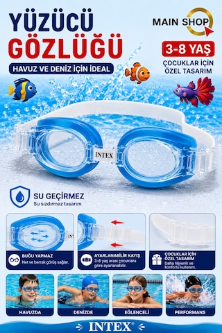 Mainshop Intex Çocuk Yüzücü Gözlüğü - 3-8 Yaş Buğu Yapmaz Ayarlanabilir Havuz Ve Deniz Gözlüğü M-55602