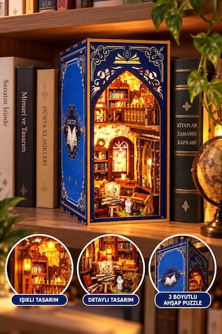 Işıklı Ahşap 3 Boyutlu Puzzle Kitap Arası Dekor 223 Parça Kütüphane Tasarımlı Dekoratif Puzzle