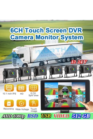 6 Ch 10 İnç Dokunmatik 1080p 6 Kameralı 4k Ultra Hd 512 Gb Dvr-usb-bsd Monitör Seti 12 - 24 Volt