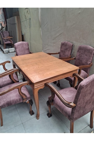 Masa Sandalye Berjer 90627 Bengi Klasik Model Kayın Aslan Ayak Açılır Masa 6 Ad Kahverengi