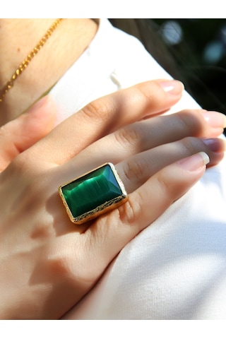 Kedi Gözü Cam Kadın Ayarlanabilir Altın Kaplama Yüzük Koyu Yeşil Euy69ky Yeşil