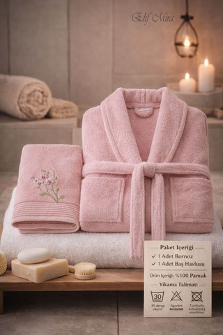 Tek Kişilik Banyo Havlulu Bornoz Seti Pamuklu Bukle Şalyaka Nuvia Pembe